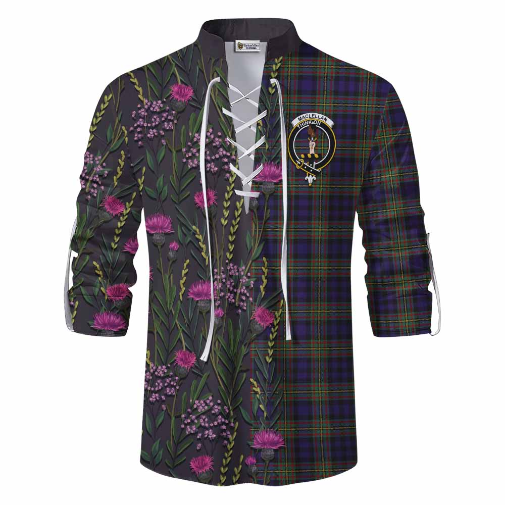 MacLellan (McLellan) Family Crest Tartan Ghillie Shirt Scottish Thistle Flower Pattern Half Style - Tartan Vibes Clothing
