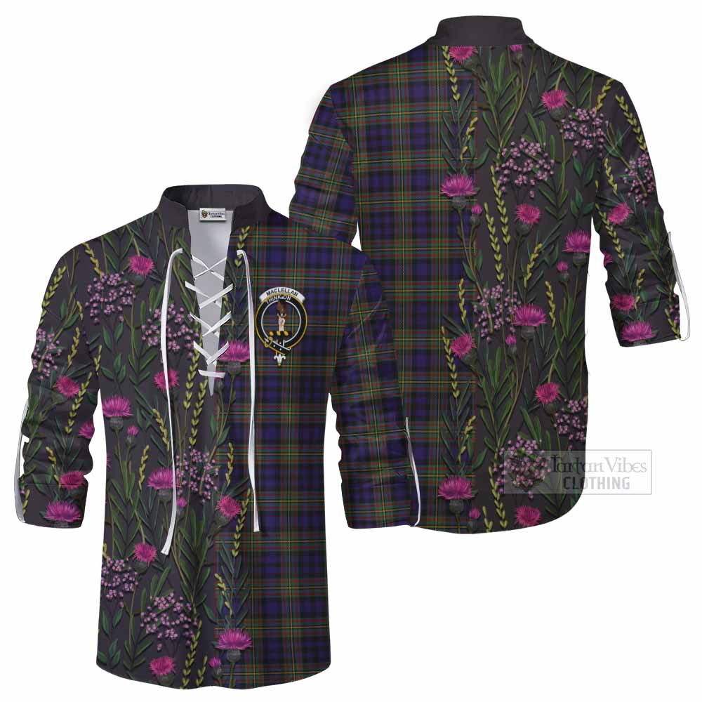 MacLellan (McLellan) Family Crest Tartan Ghillie Shirt Scottish Thistle Flower Pattern Half Style - Tartan Vibes Clothing