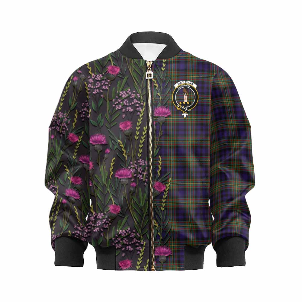 MacLellan (McLellan) Family Crest Tartan Kid Bomber Jacket Scottish Thistle Flower Pattern Half Style - Tartan Vibes Clothing