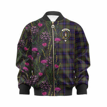MacLellan (McLellan) Family Crest Tartan Kid Bomber Jacket Scottish Thistle Flower Pattern Half Style - Tartan Vibes Clothing
