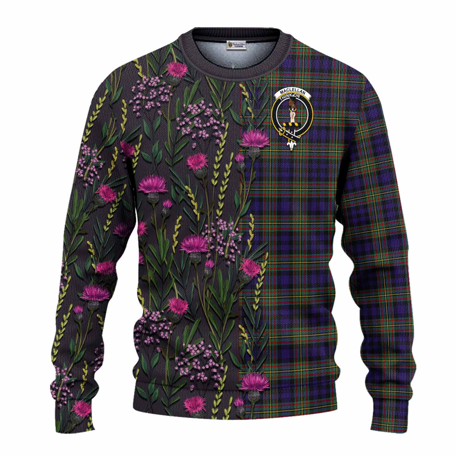 MacLellan (McLellan) Family Crest Tartan Knitted Sweater Scottish Thistle Flower Pattern Half Style - Tartan Vibes Clothing