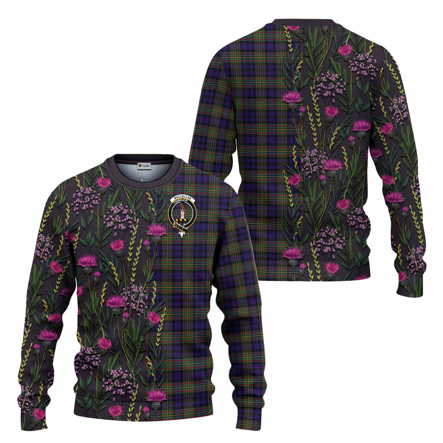 MacLellan (McLellan) Family Crest Tartan Knitted Sweater Scottish Thistle Flower Pattern Half Style - Tartan Vibes Clothing