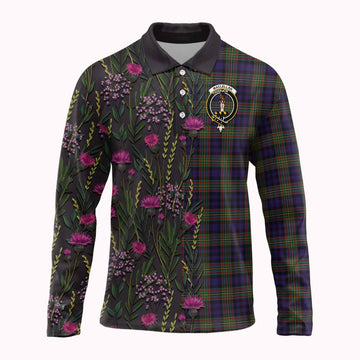 MacLellan (McLellan) Family Crest Tartan Long Sleeve Polo Shirt Scottish Thistle Flower Pattern Half Style