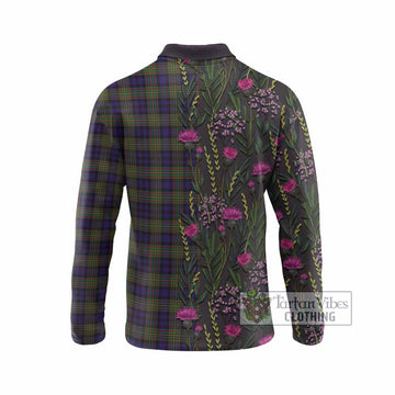 MacLellan (McLellan) Family Crest Tartan Long Sleeve Polo Shirt Scottish Thistle Flower Pattern Half Style