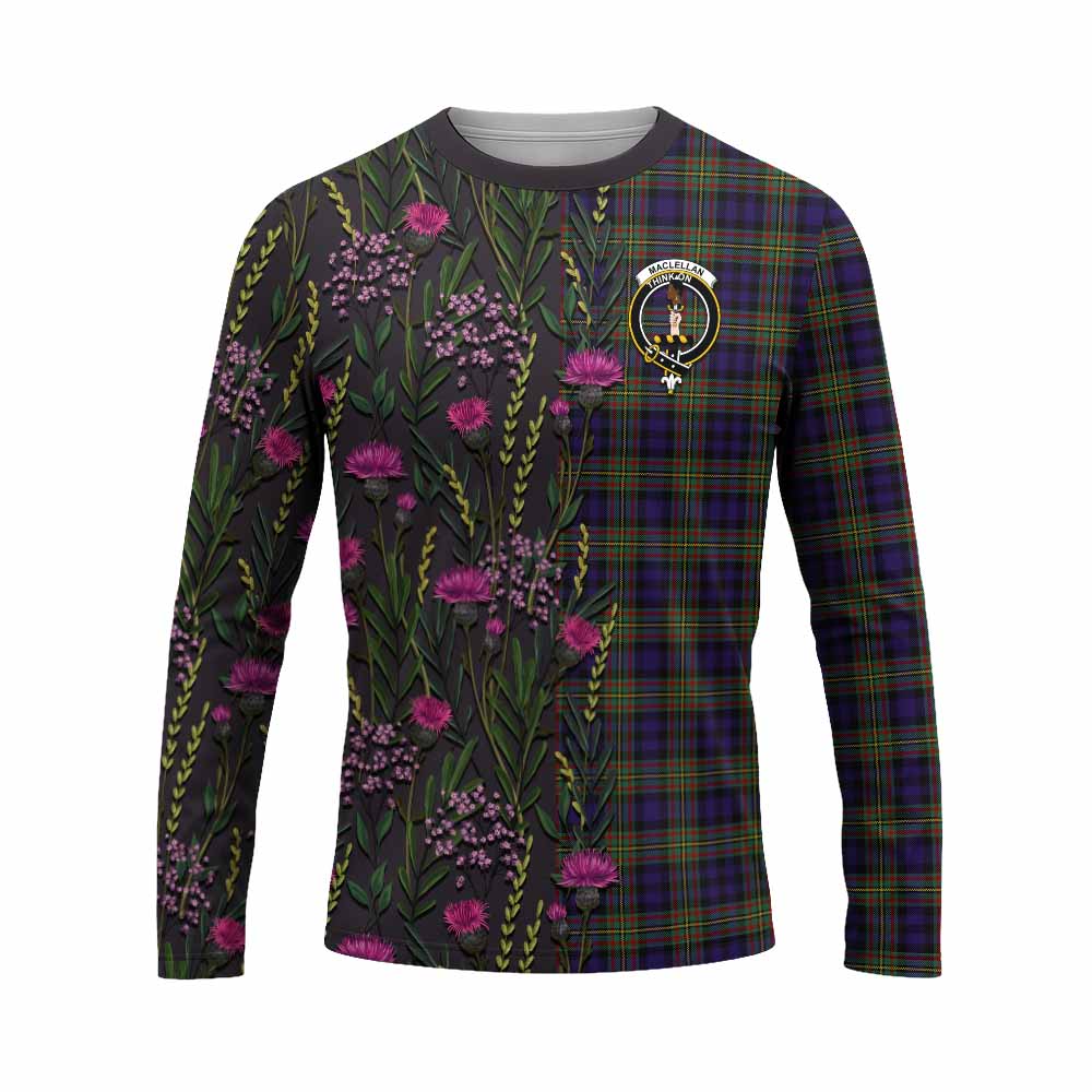 MacLellan (McLellan) Family Crest Tartan Long Sleeve T-Shirt Scottish Thistle Flower Pattern Half Style - Tartan Vibes Clothing