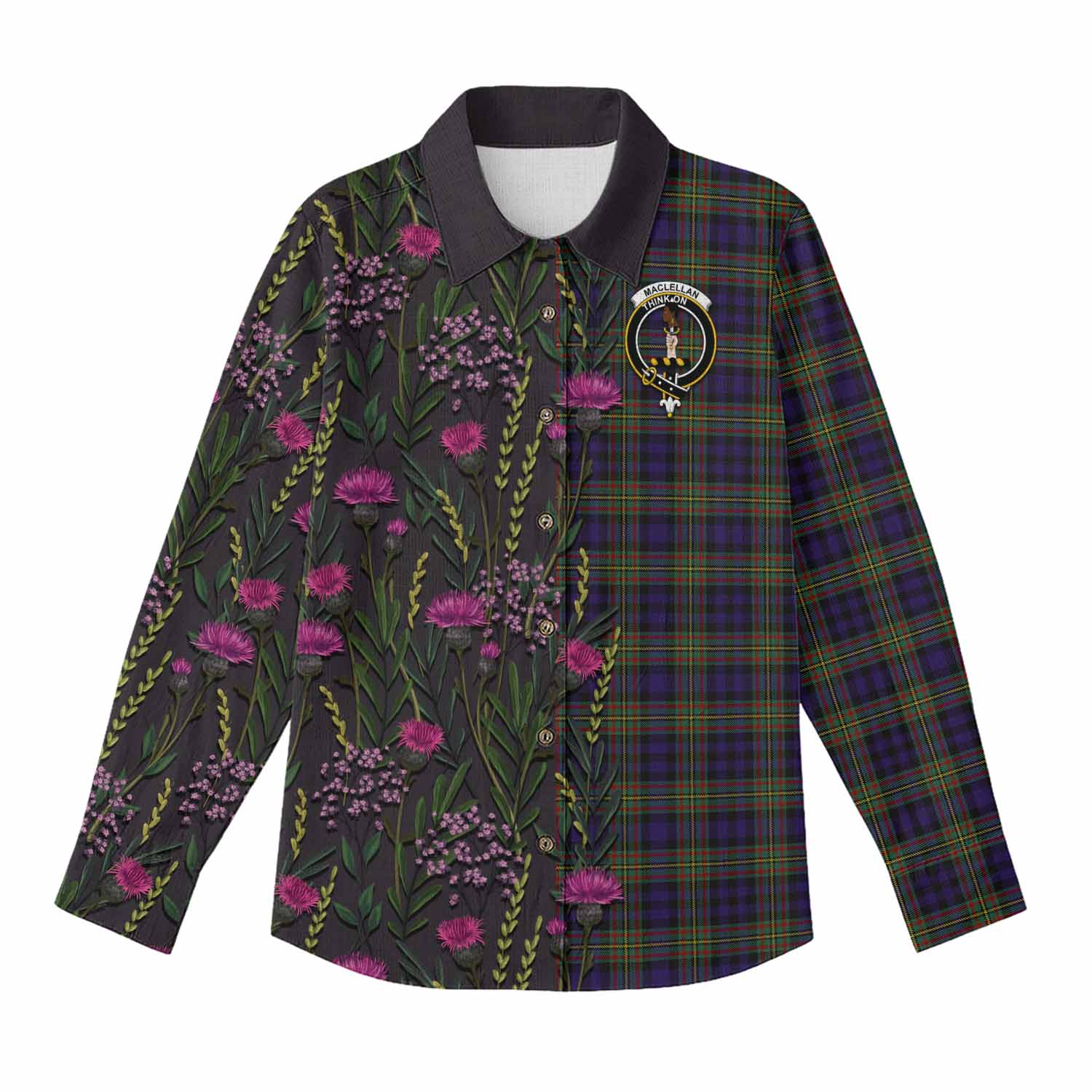 MacLellan (McLellan) Family Crest Tartan Women Casual Shirt Scottish Thistle Flower Pattern Half Style - Tartan Vibes Clothing