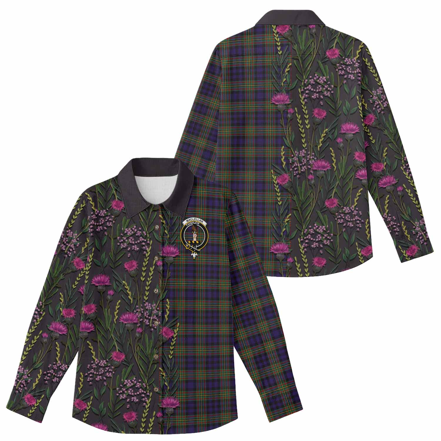 MacLellan (McLellan) Family Crest Tartan Women Casual Shirt Scottish Thistle Flower Pattern Half Style - Tartan Vibes Clothing