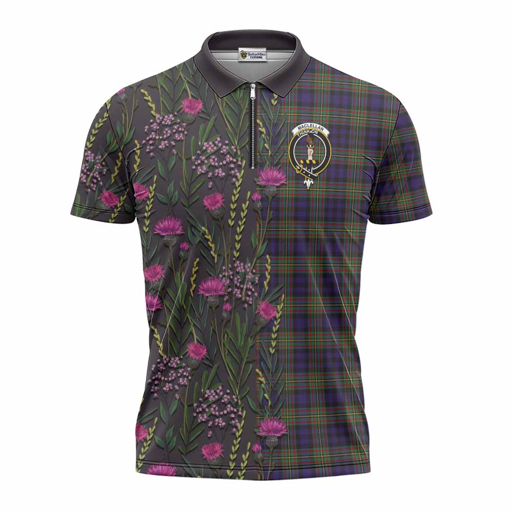 MacLellan (McLellan) Family Crest Tartan Zipper Polo Shirt Scottish Thistle Flower Pattern Half Style - Tartan Vibes Clothing