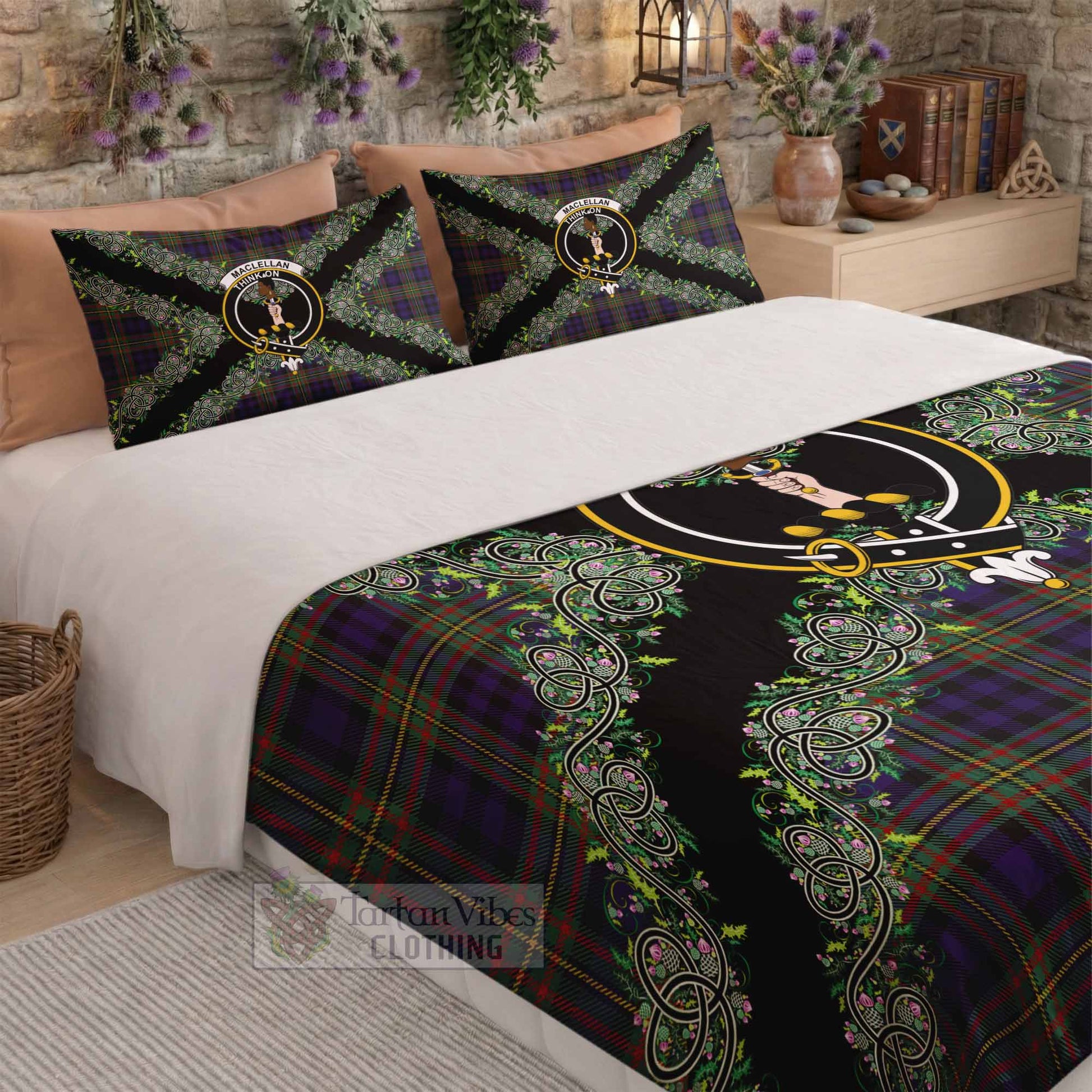 MacLellan (McLellan) Scottish Tartan Crest Bedding Set Thistle Celtic Knotwork Heritage Art