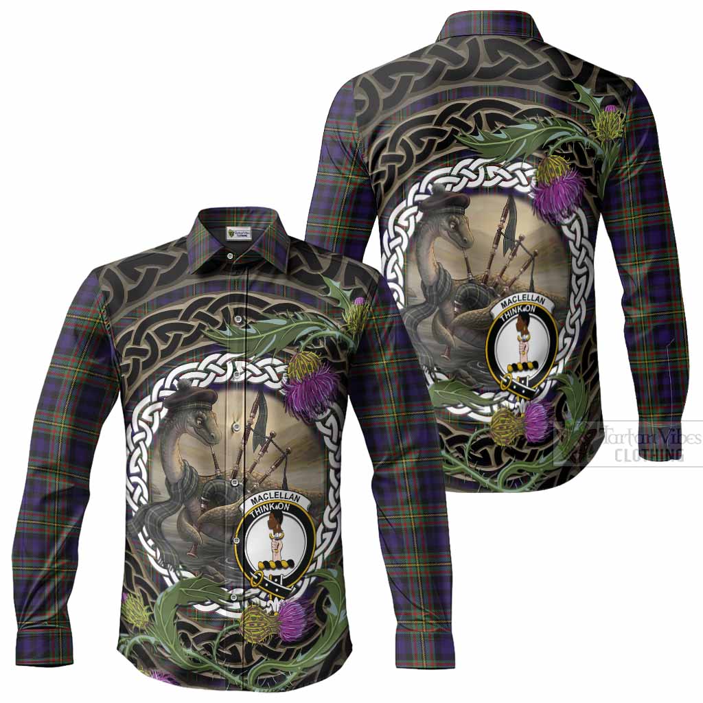 MacLellan (McLellan) Tartan Crest Bagpipe Nessie Long Sleeve Button Shirts Scottish Loch Ness Monster Celtic Thistle