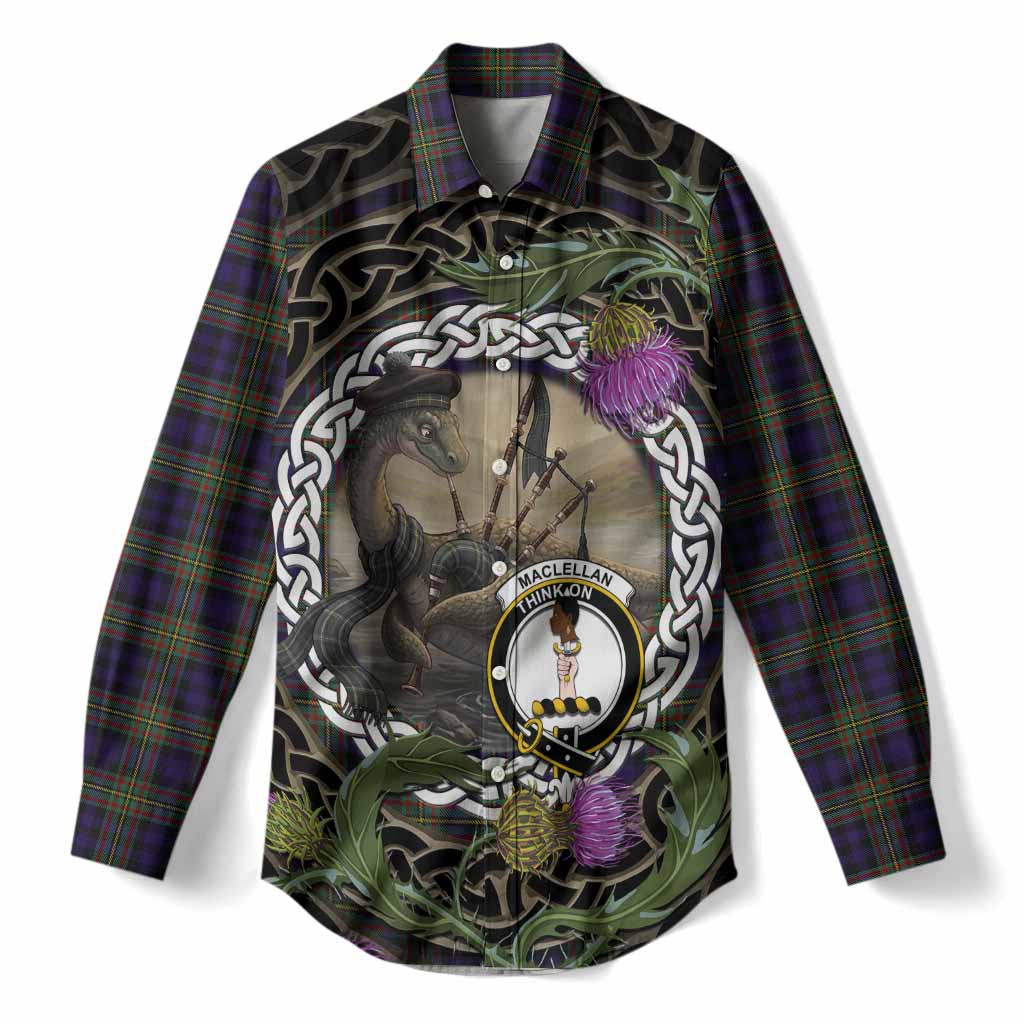 MacLellan (McLellan) Tartan Crest Bagpipe Nessie Women Casual Shirt Scottish Loch Ness Monster Celtic Thistle