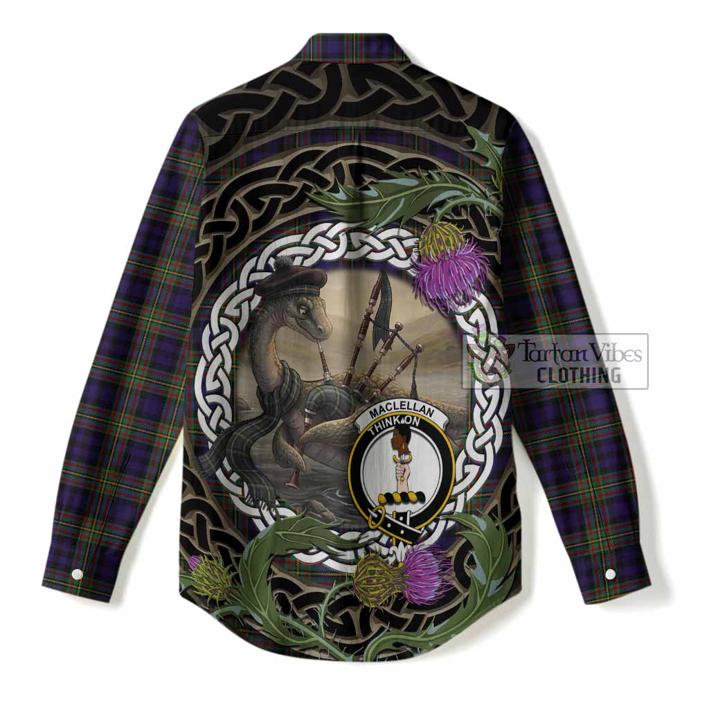 MacLellan (McLellan) Tartan Crest Bagpipe Nessie Women Casual Shirt Scottish Loch Ness Monster Celtic Thistle