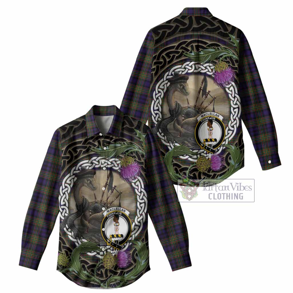 MacLellan (McLellan) Tartan Crest Bagpipe Nessie Women Casual Shirt Scottish Loch Ness Monster Celtic Thistle