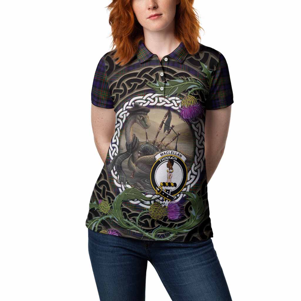 MacLellan (McLellan) Tartan Crest Bagpipe Nessie Women Polo Shirt Scottish Loch Ness Monster Celtic Thistle