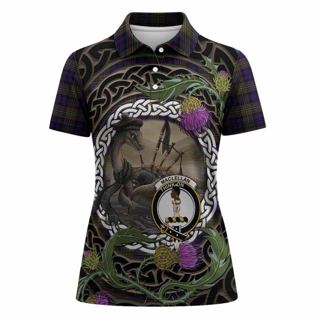 MacLellan (McLellan) Tartan Crest Bagpipe Nessie Women Polo Shirt Scottish Loch Ness Monster Celtic Thistle