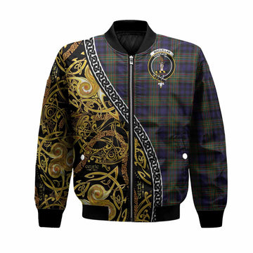 MacLellan (McLellan) Tartan Crest Bomber Jacket Celtic Knot and Triple Trickle Spiral Symbols