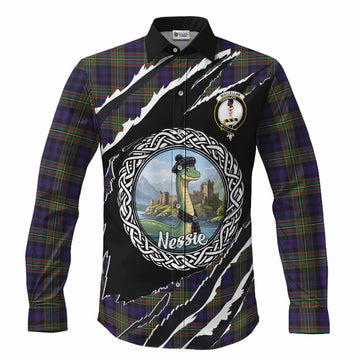MacLellan (McLellan) Tartan Crest Loch Ness Monster Long Sleeve Button Shirts Celtic Knot Nessie Art