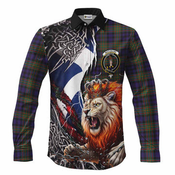 MacLellan (McLellan) Tartan Crest Long Sleeve Button Shirts Heritage Flag Grunge Celtic Knot and Lion Rampant