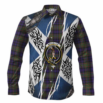 MacLellan (McLellan) Tartan Crest Long Sleeve Button Shirts Scotland Flag Ripped Tribal Design