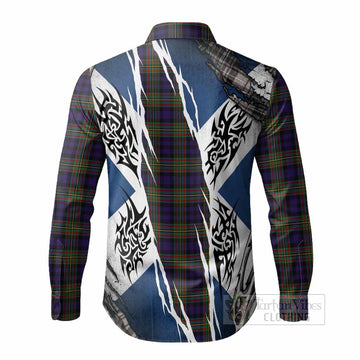 MacLellan (McLellan) Tartan Crest Long Sleeve Button Shirts Scotland Flag Ripped Tribal Design