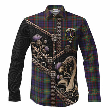 MacLellan (McLellan) Tartan Crest Long Sleeve Button Shirts Scottish Thistle Loch Ness Monster