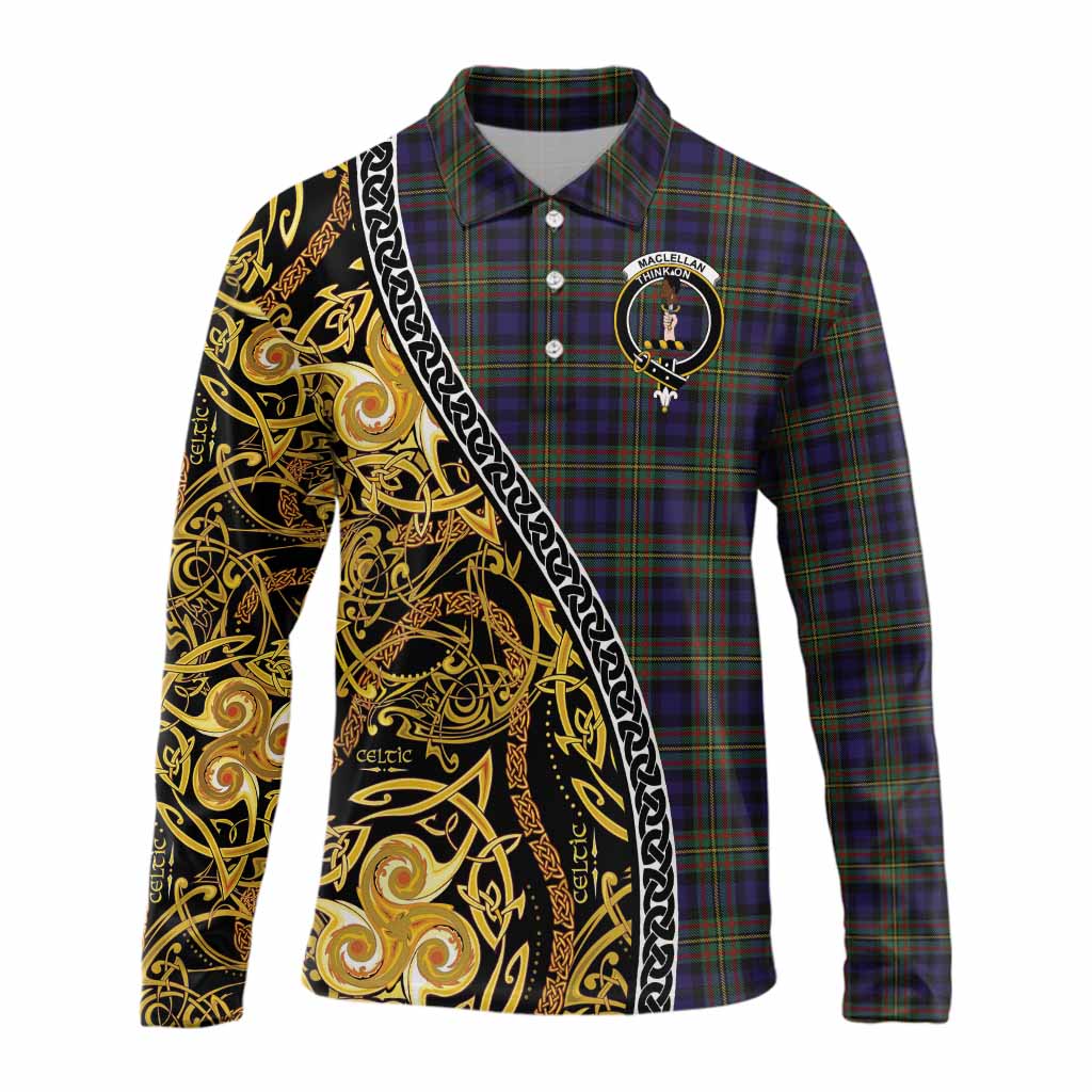 MacLellan (McLellan) Tartan Crest Long Sleeve Polo Shirt Celtic Knot and Triple Trickle Spiral Symbols
