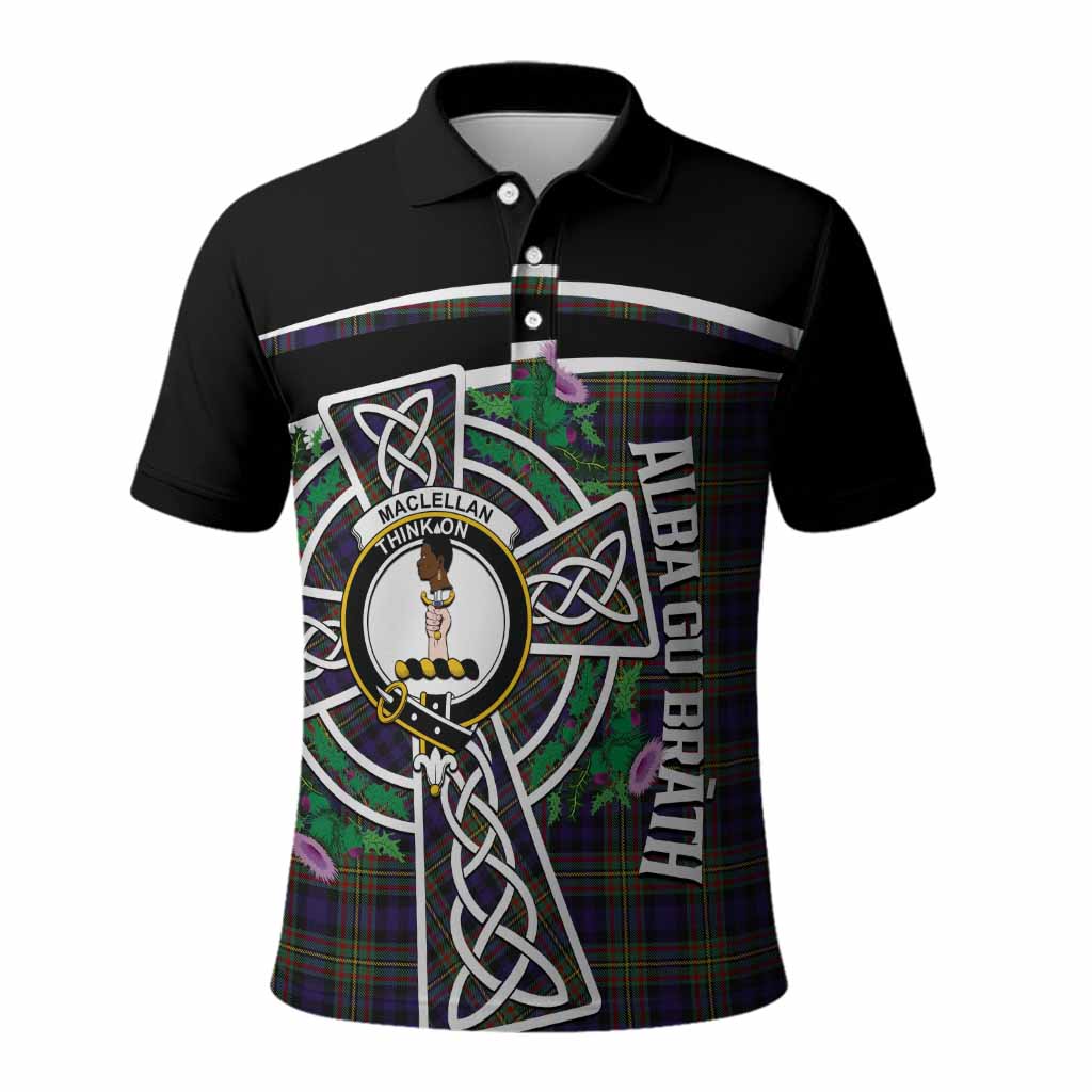 MacLellan (McLellan) Tartan Crest Polo Shirt Scottish Thistle Celtic Cross Alba Gu Brath