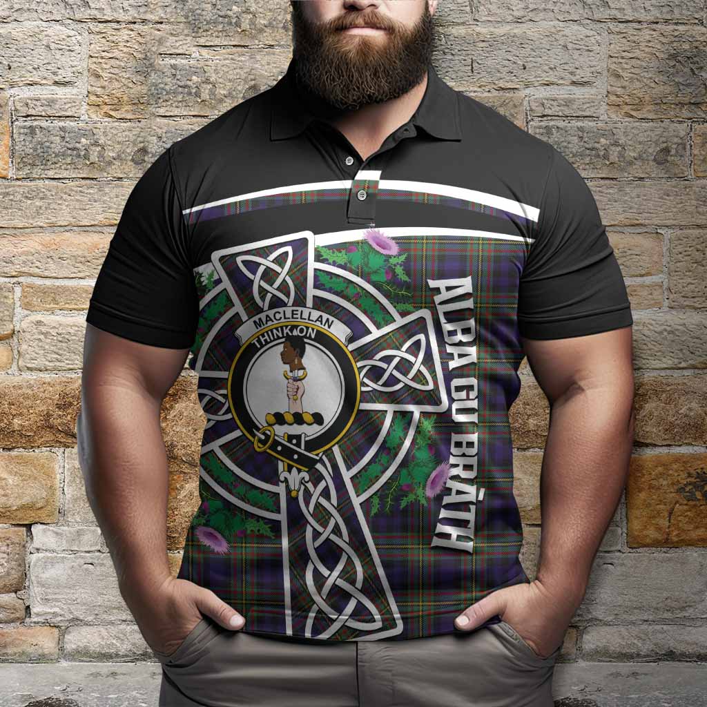 MacLellan (McLellan) Tartan Crest Polo Shirt Scottish Thistle Celtic Cross Alba Gu Brath
