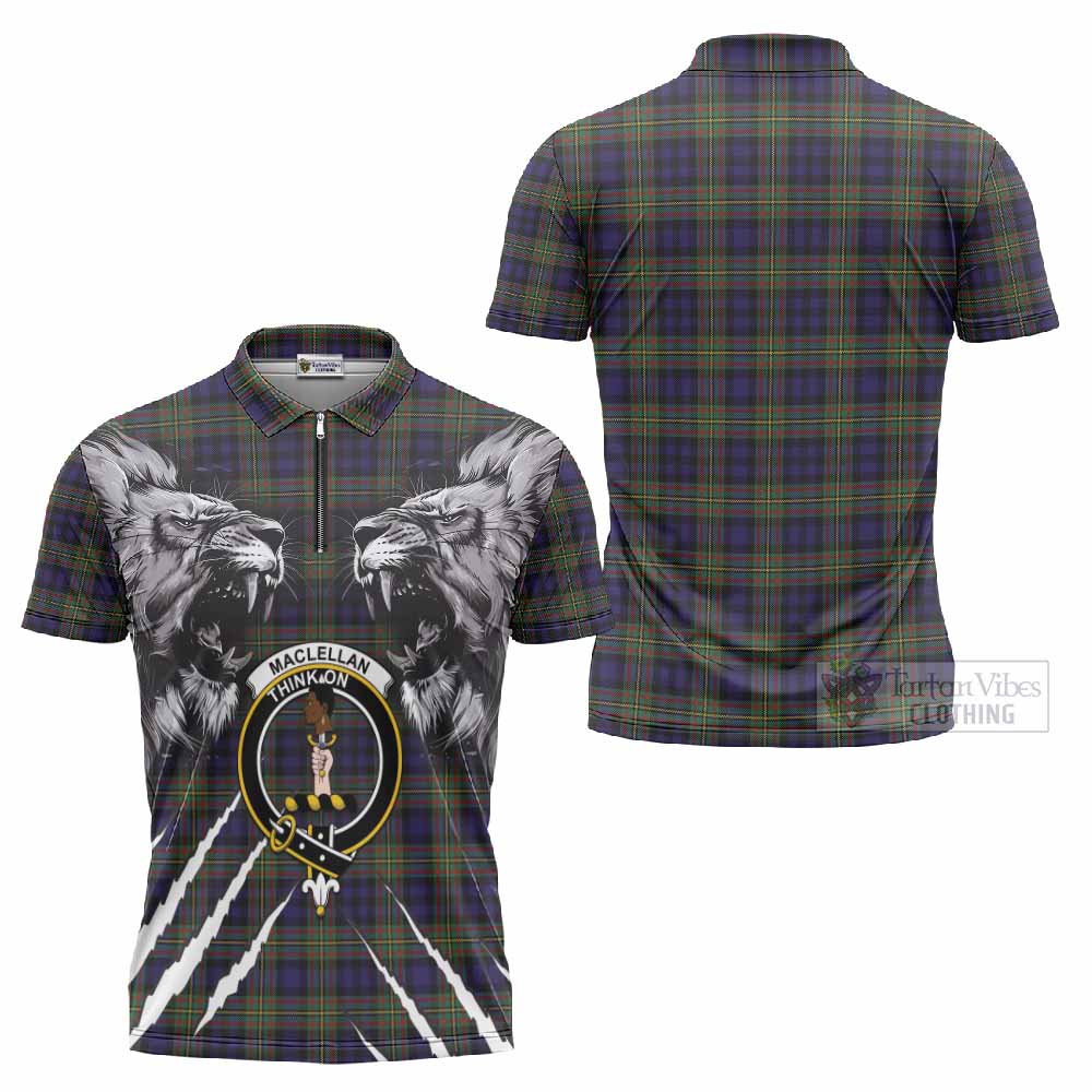 MacLellan (McLellan) Tartan Crest Zipper Polo Shirt Ferocious Lion Style