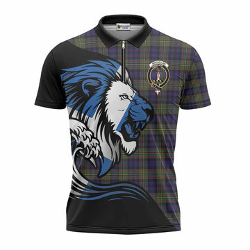 MacLellan (McLellan) Tartan Crest Zipper Polo Shirt Scottish Golden Lions Wave Flow