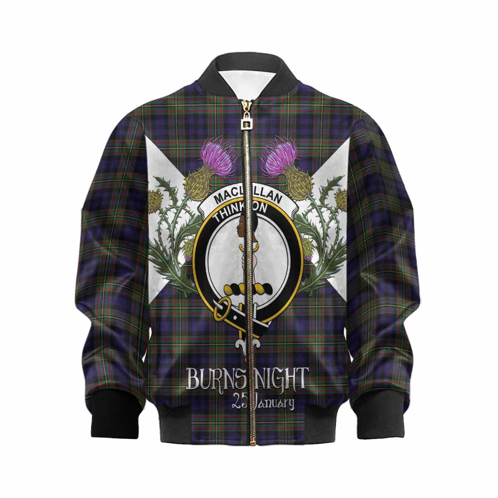 MacLellan (McLellan) Tartan Family Crest Kid Bomber Jacket Scottish Burns Night Thistle Floral