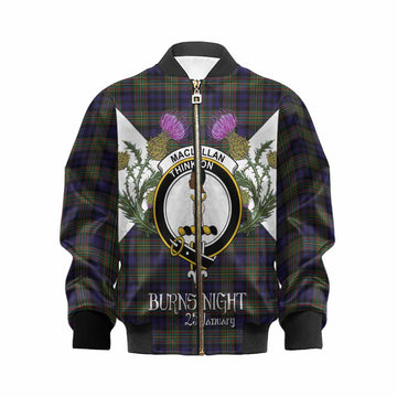 MacLellan (McLellan) Tartan Family Crest Kid Bomber Jacket Scottish Burns Night Thistle Floral