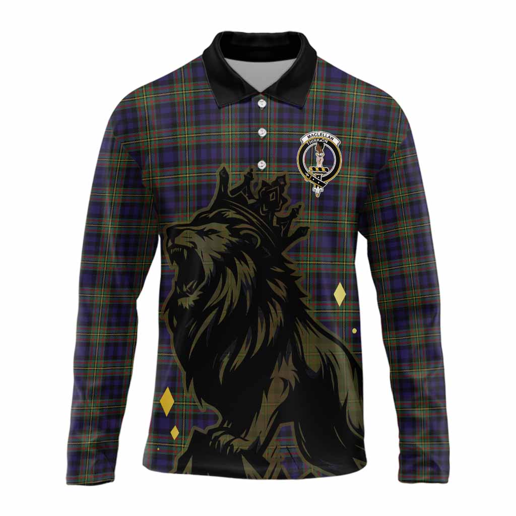 MacLellan (McLellan) Tartan Family Crest Long Sleeve Polo Shirt Crowned Lion Roaring