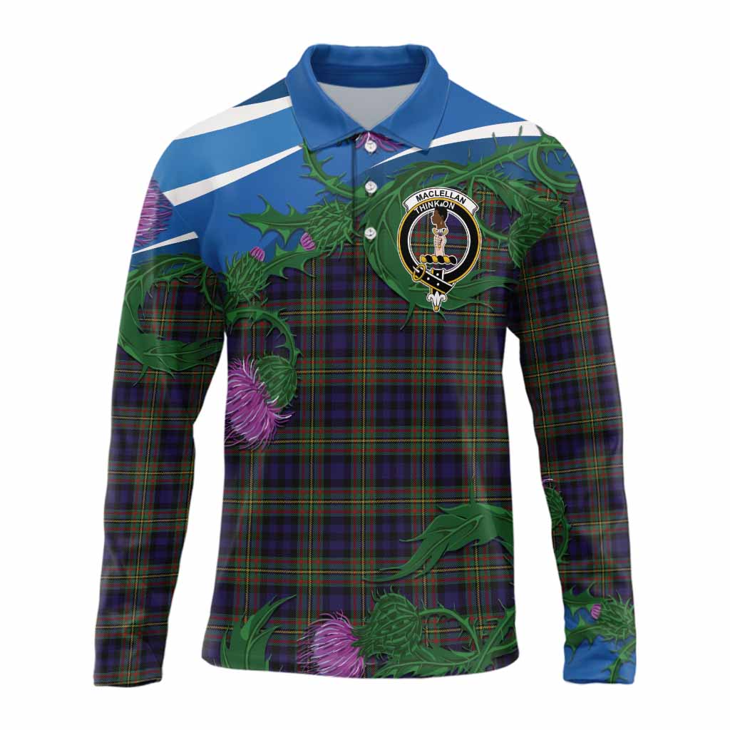 MacLellan (McLellan) Tartan Family Crest Long Sleeve Polo Shirt Thistle in Minimalism