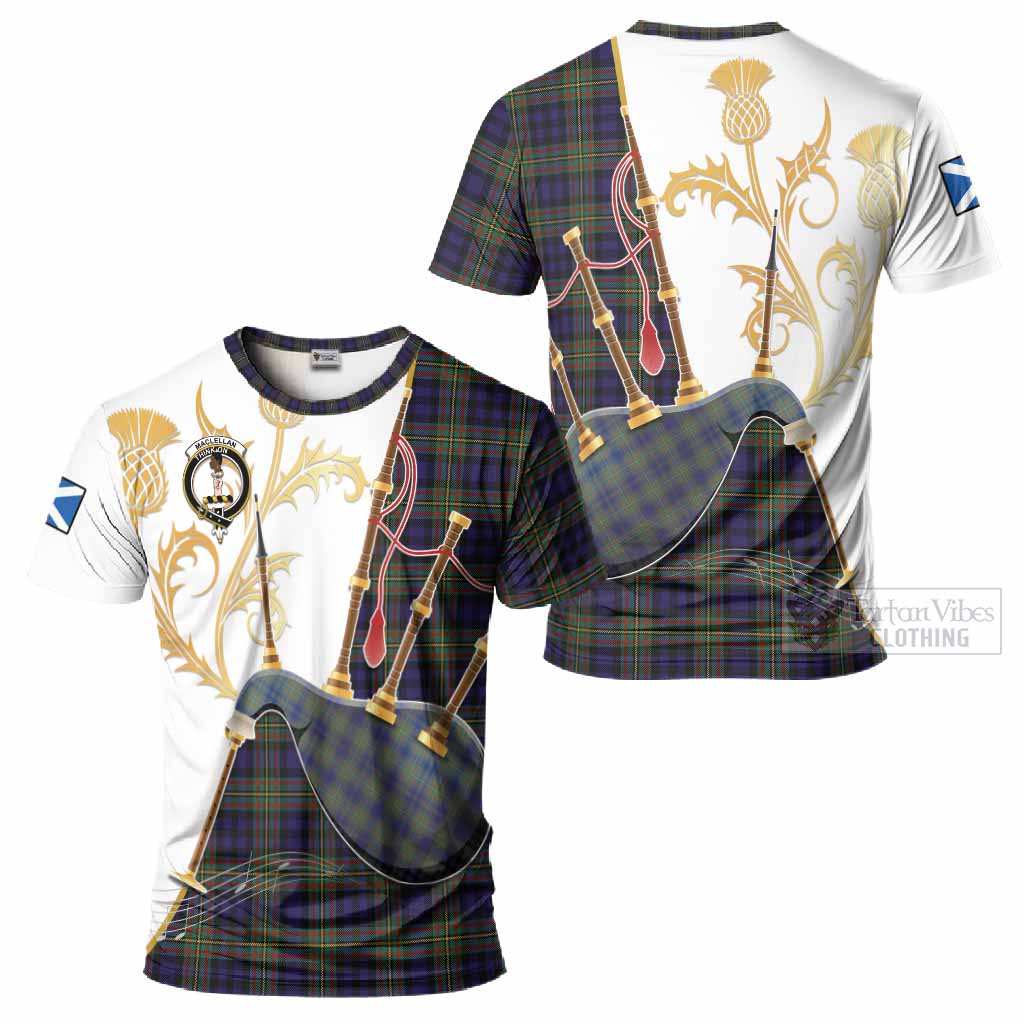 MacLellan (McLellan) Tartan Family Crest T-Shirt Bagpipes with Scottish Thistle