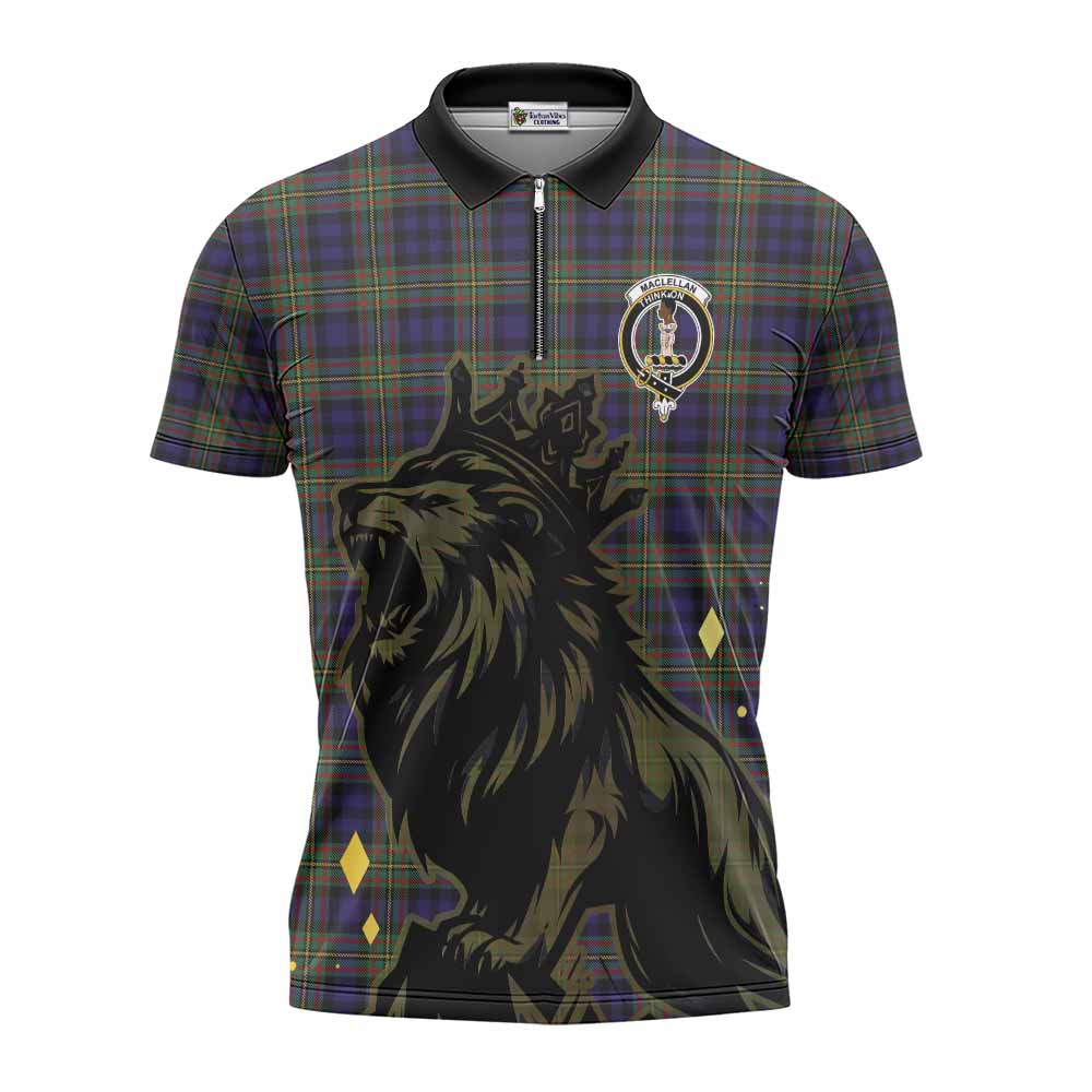 MacLellan (McLellan) Tartan Family Crest Zipper Polo Shirt Crowned Lion Roaring