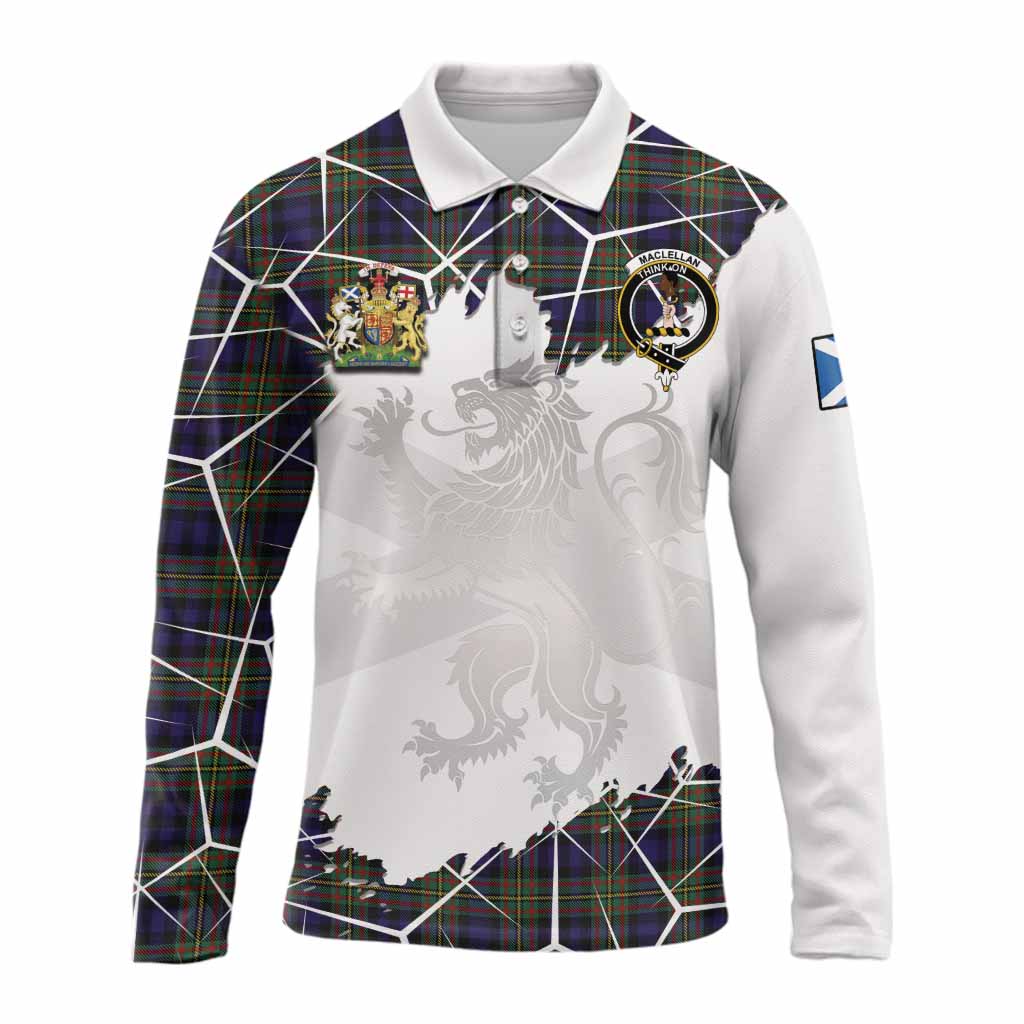 MacLellan (McLellan) Tartan Long Sleeve Polo Shirt with Family Crest and Lion Rampant Grunge Style