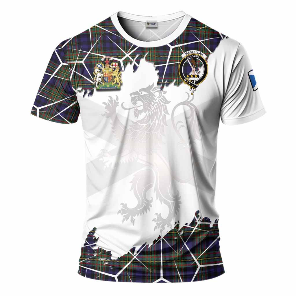 MacLellan (McLellan) Tartan T-Shirt with Family Crest and Lion Rampant Grunge Style