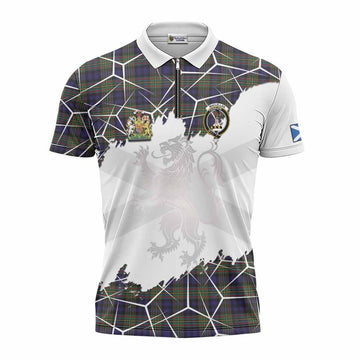 MacLellan (McLellan) Tartan Zipper Polo Shirt with Family Crest and Lion Rampant Grunge Style