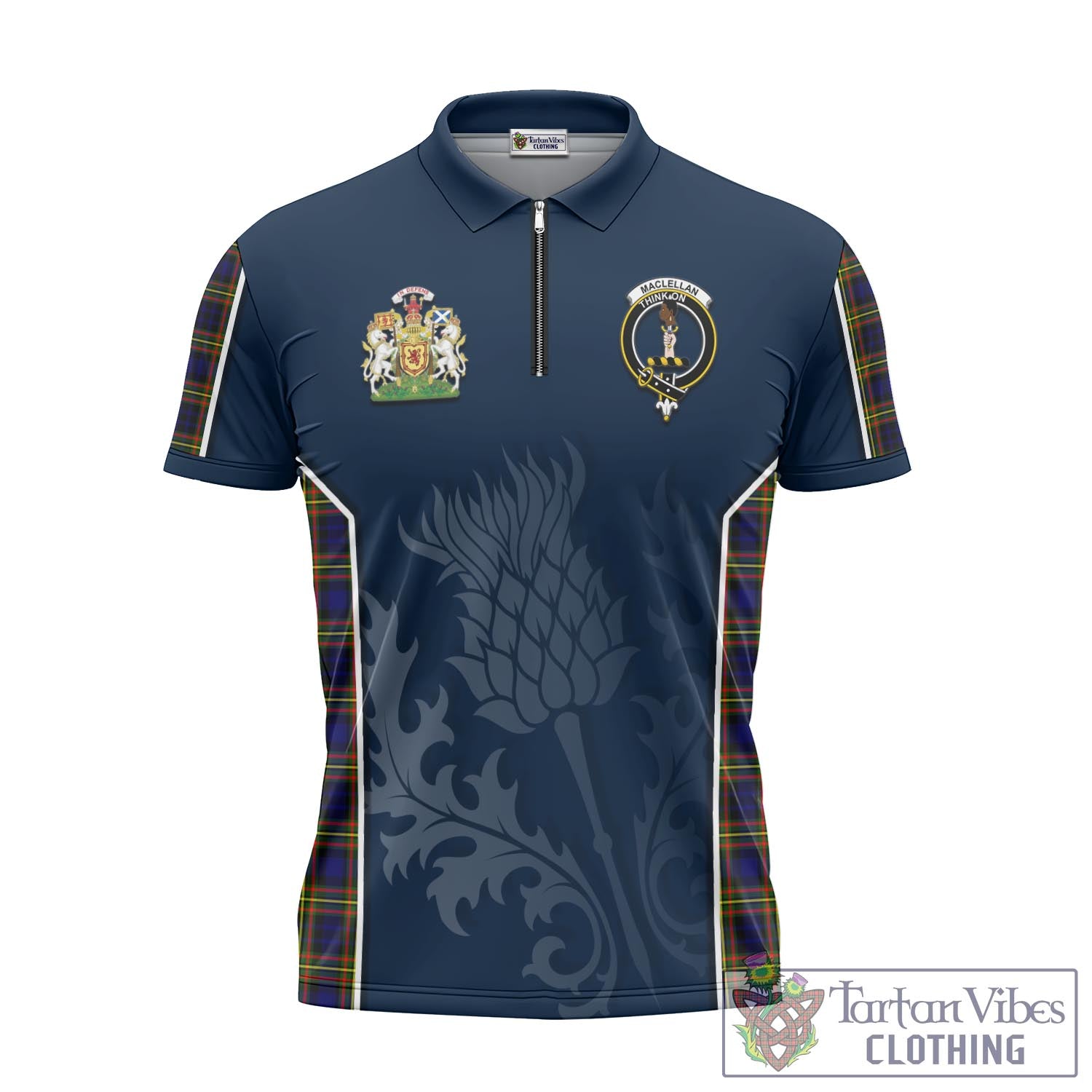 Tartan Vibes Clothing MacLellan Modern Tartan Zipper Polo Shirt with Family Crest and Scottish Thistle Vibes Sport Style
