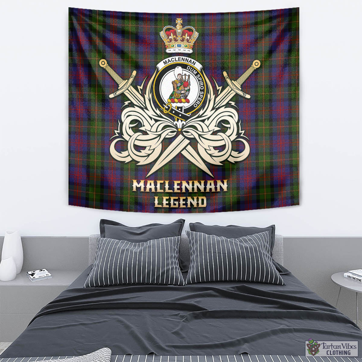 Tartan Vibes Clothing MacLennan Tartan Tapestry with Clan Crest and the Golden Sword of Courageous Legacy