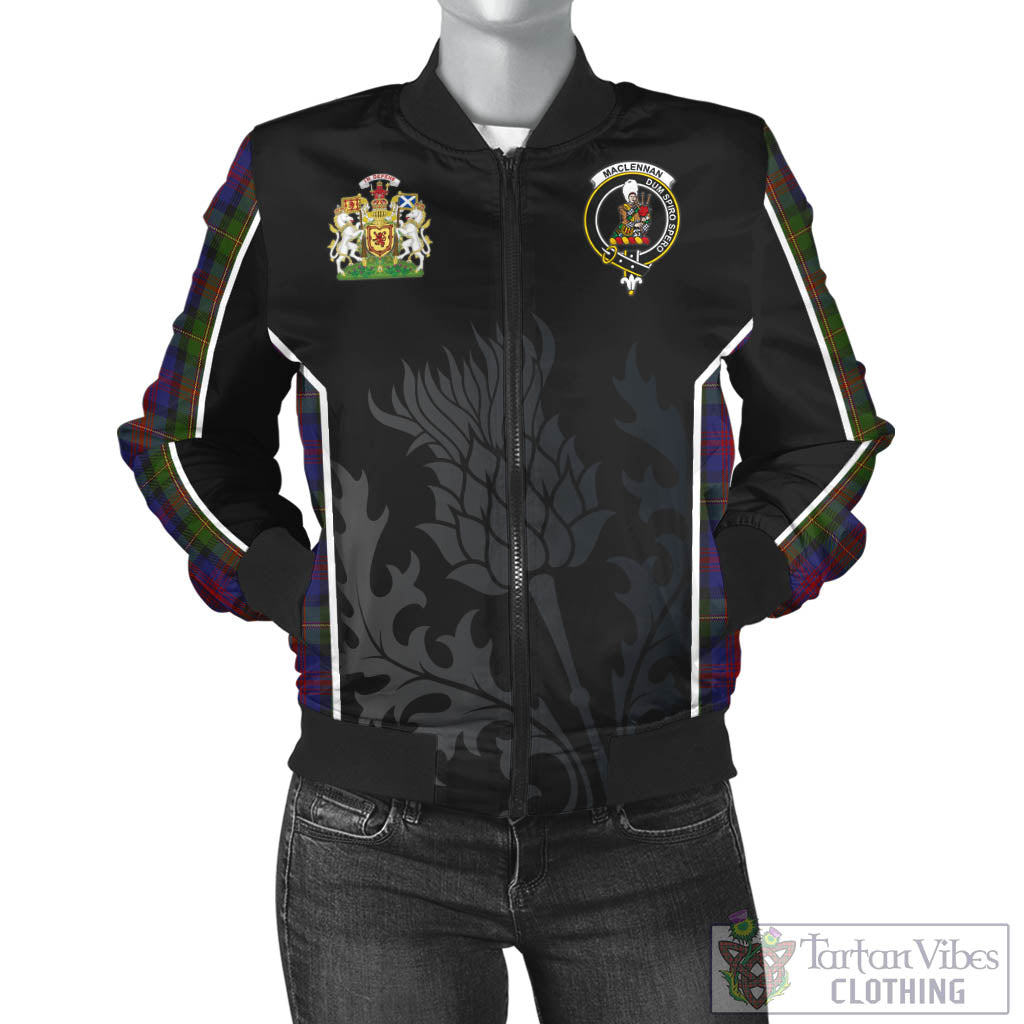 Tartan Vibes Clothing MacLennan Tartan Bomber Jacket with Family Crest and Scottish Thistle Vibes Sport Style