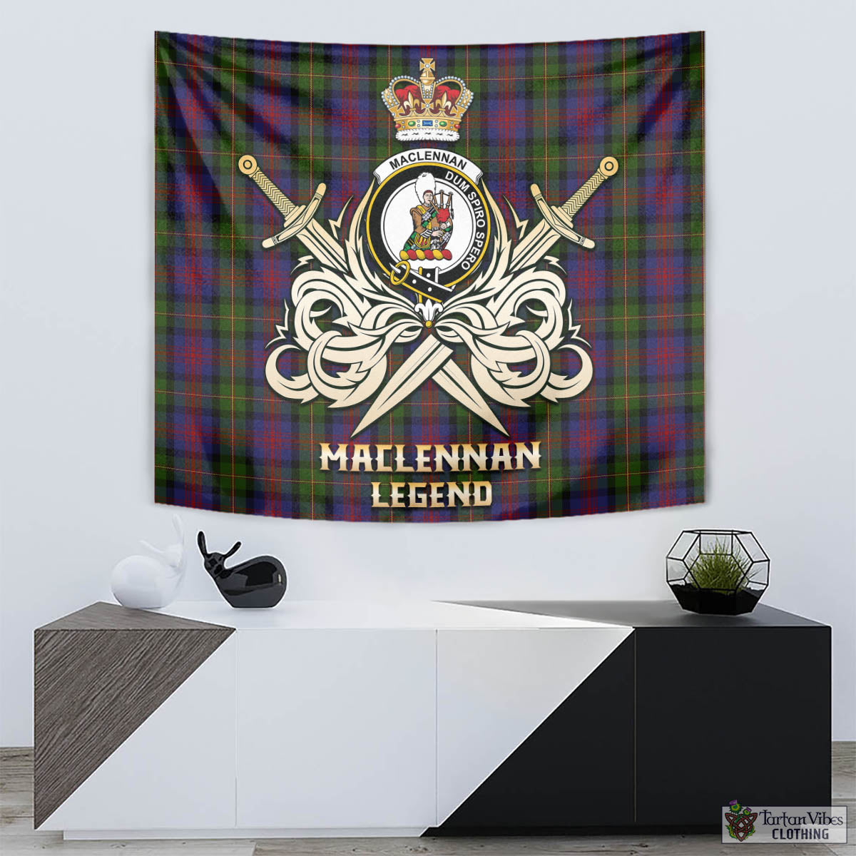 Tartan Vibes Clothing MacLennan Tartan Tapestry with Clan Crest and the Golden Sword of Courageous Legacy