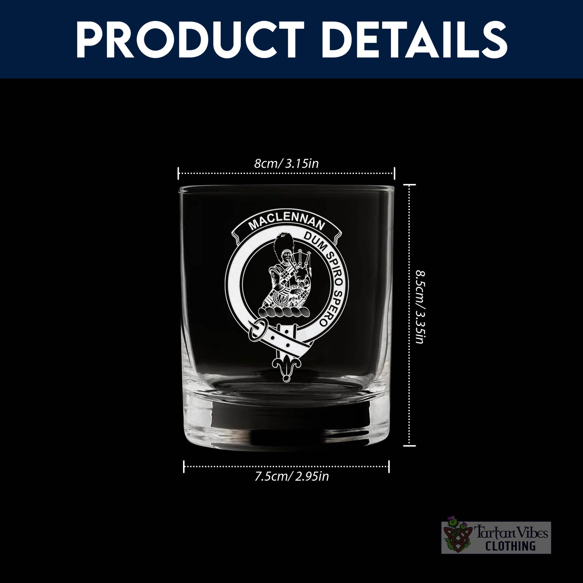 Tartan Vibes Clothing MacLennan Family Crest Engraved Whiskey Glass with Handle