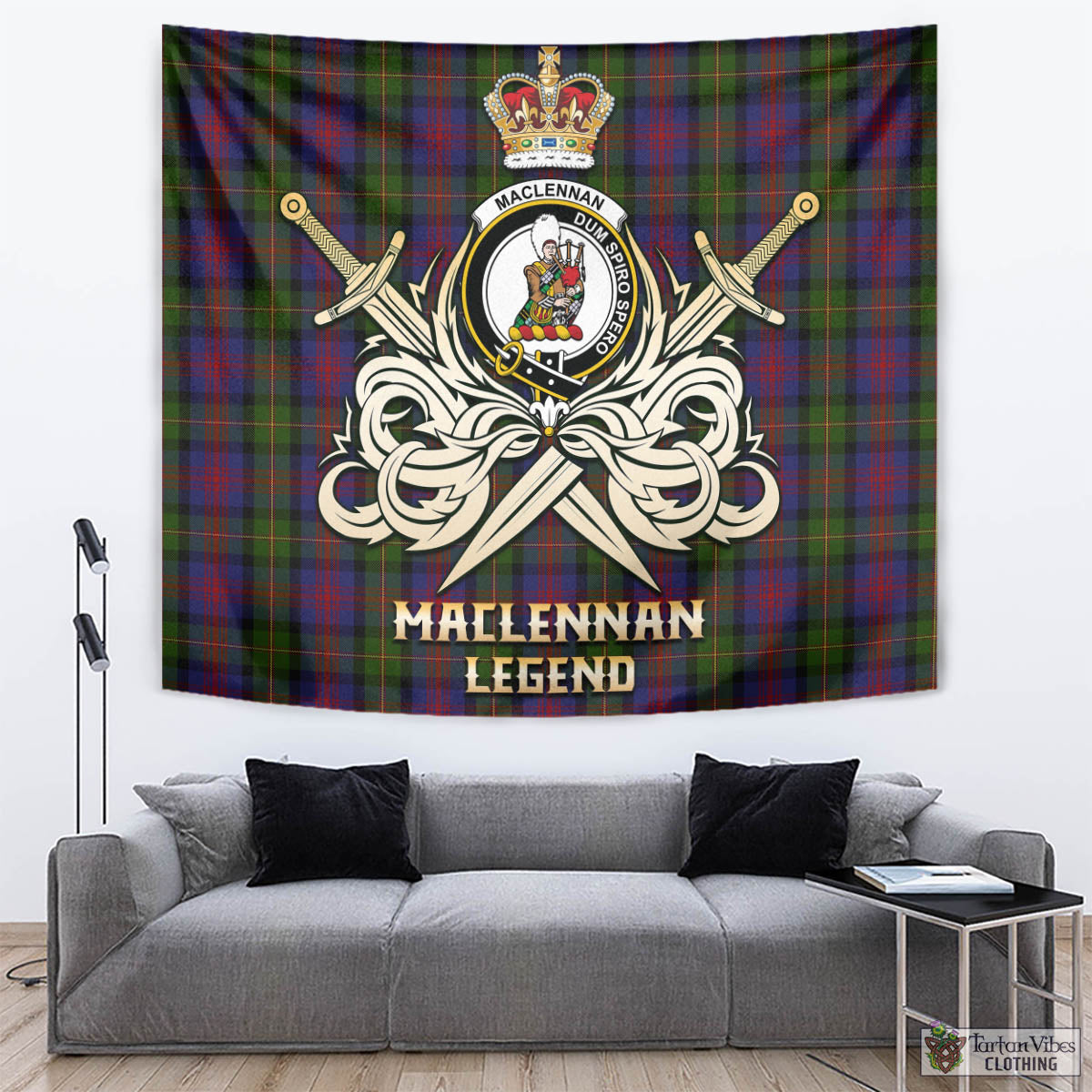 Tartan Vibes Clothing MacLennan Tartan Tapestry with Clan Crest and the Golden Sword of Courageous Legacy