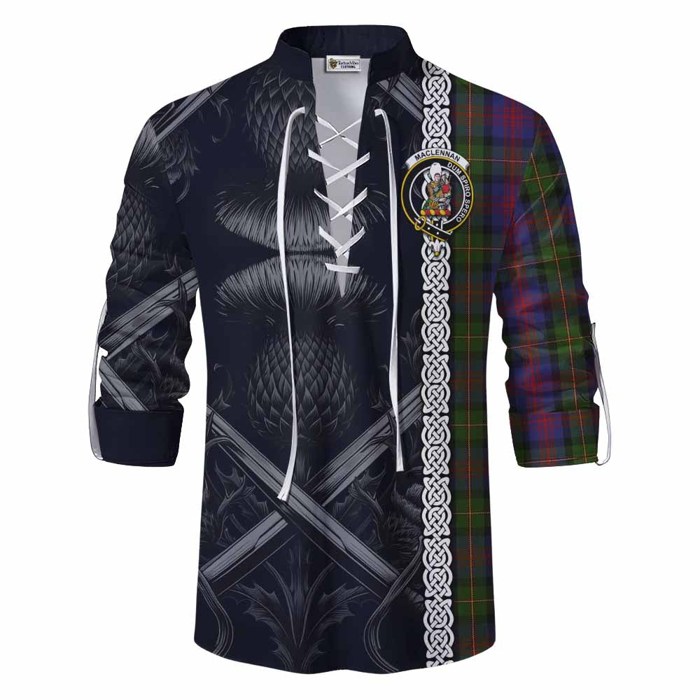 Tartan Vibes Clothing MacLennan (McLennan) Tartan Ghillie Kilt Shirt with Family Crest Cross Sword Thistle Celtic Vibes
