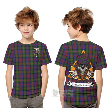 Tartan Vibes Clothing MacLennan (McLennan) Tartan Kid T-Shirt with Family Crest and Bearded Skull Holding Bottles of Whiskey
