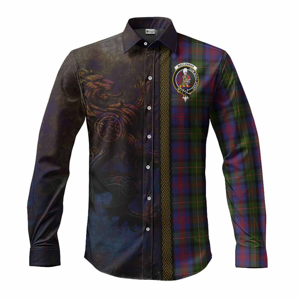 Tartan Vibes Clothing MacLennan (McLennan) Tartan Family Crest Long Sleeve Button Shirt Alba Gu Brath Be Brave Lion Ancient Style