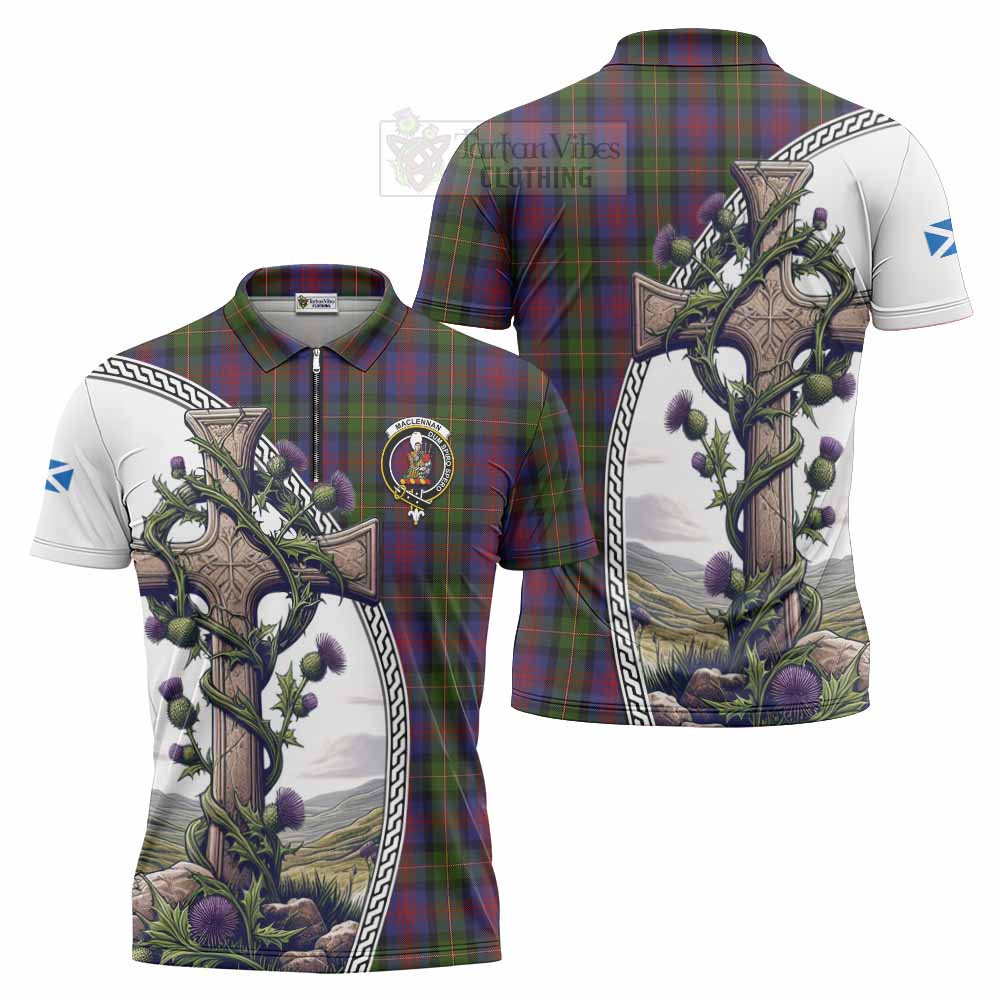 Tartan Vibes Clothing MacLennan (McLennan) Tartan Zipper Polo Shirt with Family Crest and St. Andrew's Cross Accented by Thistle Vines