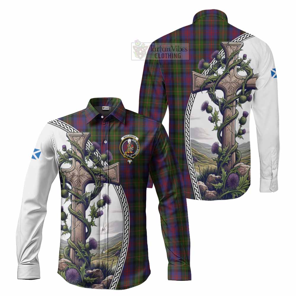 Tartan Vibes Clothing MacLennan (McLennan) Tartan Long Sleeve Button Shirt with Family Crest and St. Andrew's Cross Accented by Thistle Vines